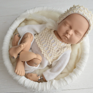 Newborn photo prop white outfit. Cream newborn romper and bonnet