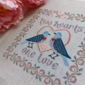Two Hearts One Love cross stitch pattern pdf, Primitive Wedding Sampler