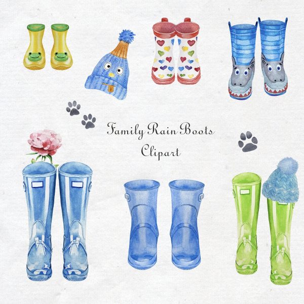 Watercolor Family Wellies, Rain Boots Clipart