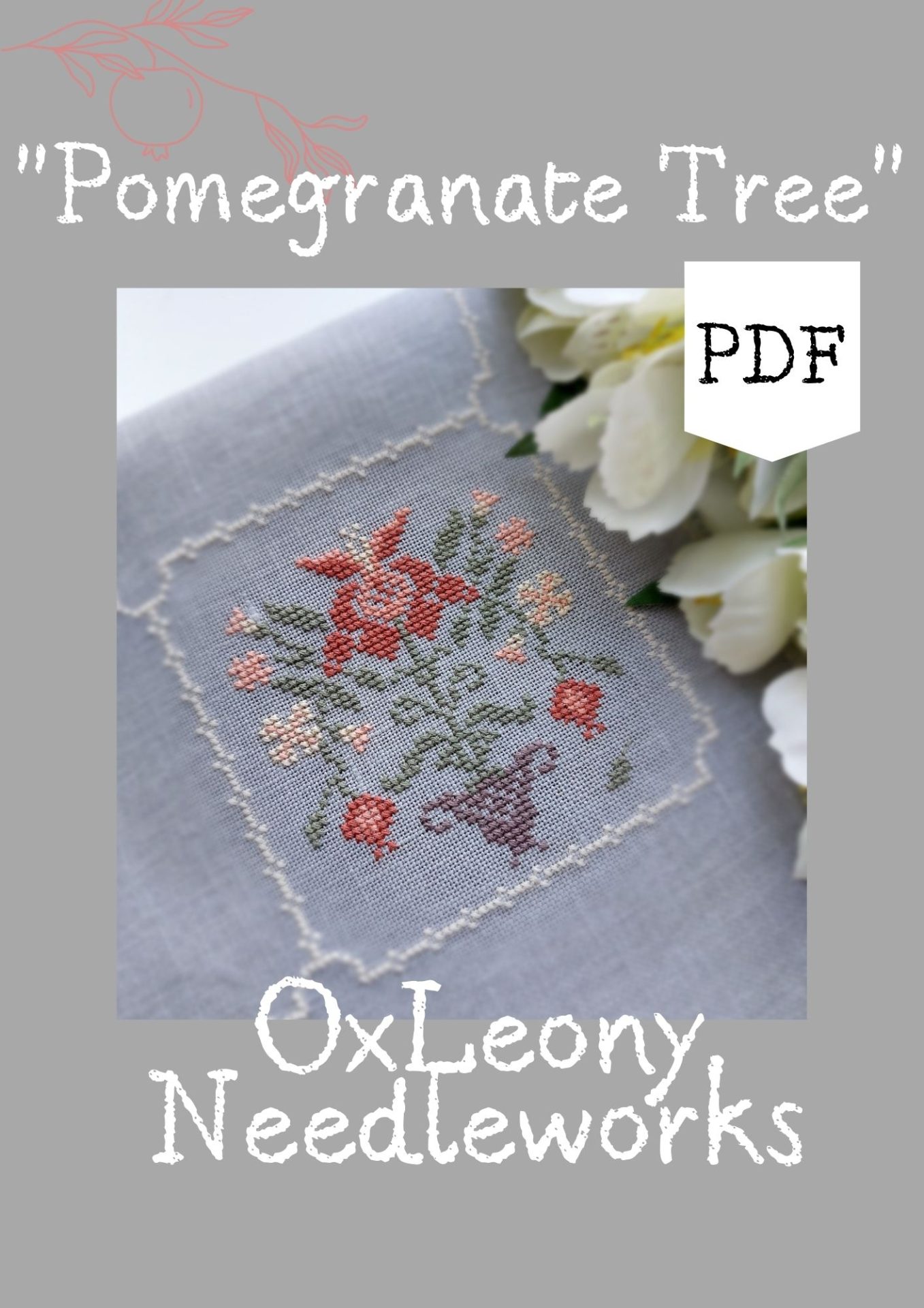 Pomegranate tree cross stitch pattern PDF, Primitive Sampler 3 PDF file includes: Pattern in colour symbols Pattern in black & white symbols Key to the pattern