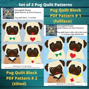 Set of 2 Pug Quilt Block Pattern: 20 % Savings. Paper Piecing