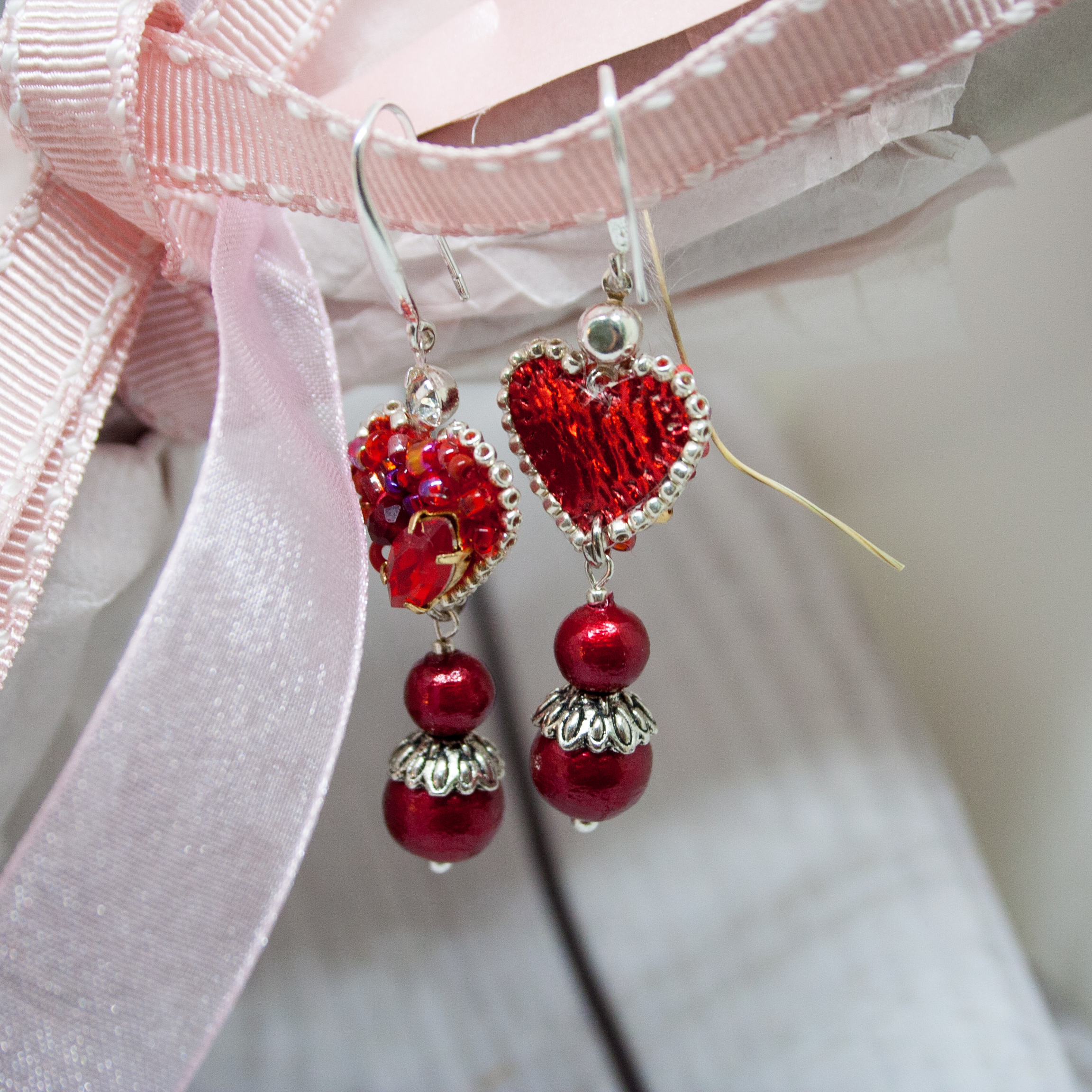 Red Beaded Earrings, Valentines Day Earrings, Red Heart Beaded