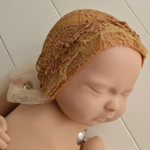 Newborn girl caramel lace bonnet and posing pillow set photo prop