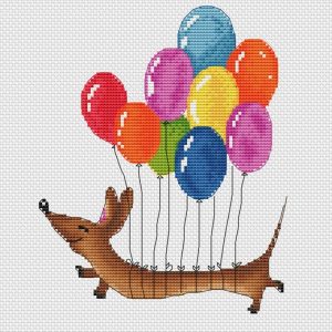 Dachshund Cross Stitch Pattern, Dog and Balloons cross stitch chart