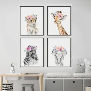 Safari Animal Nursery Art Prints Zebra Lion Cub Giraffe Set 4
