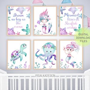 Mermaid Nursery Decor Under The Sea Girl Room Wall Art Digital
