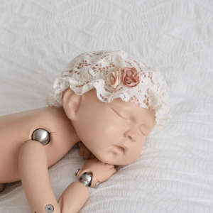 Newborn girl cream lace bath bonnet. Vintage style photo props