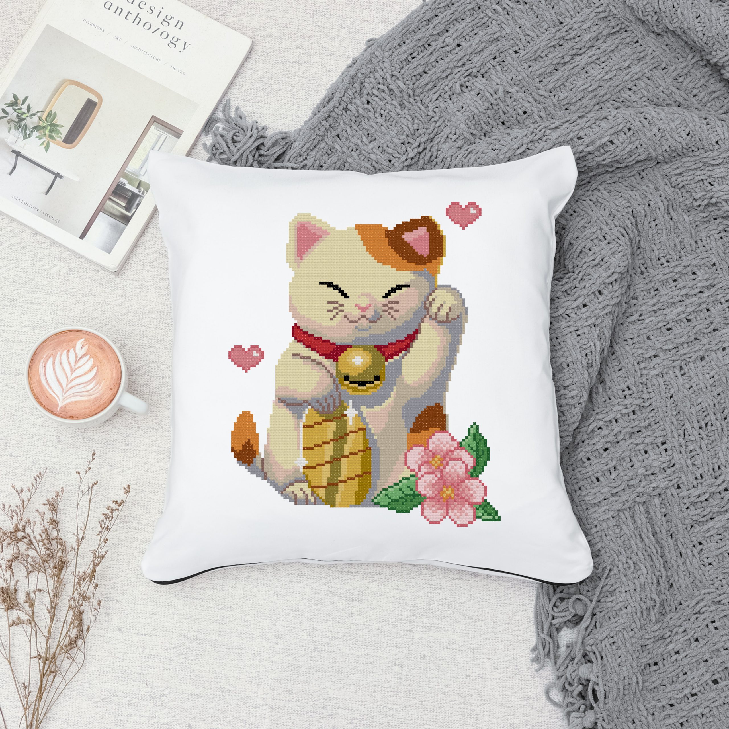 Lucky cat cross stitch pattern. Maneki-neko cross stitch. 5 lucky cat cross stitch pattern