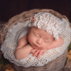 Newborn girl cream lace bath bonnet. Vintage style photo props