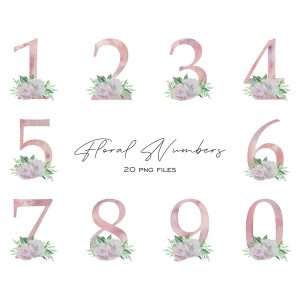 Watercolor Pink Digits With Flowers, Floral Numbers 0-9