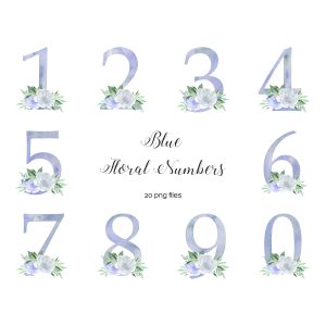 Watercolor Blue Digits With Flowers, Floral Numbers 0-9