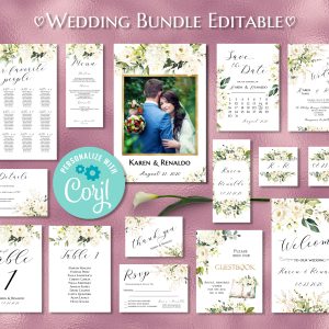 White Rose Wedding Bundle Invitation Welcome Cards Editable Corjl