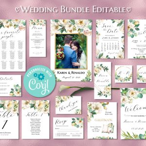 White Floral Wedding Bundle Invitation Welcome RSVP Card Editable