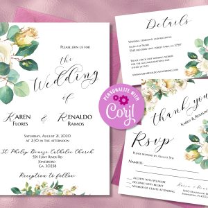 White Floral Wedding Set Invitation RSVP Details Card Editable