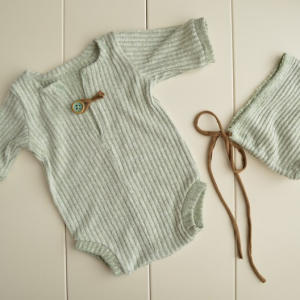 Newborn boy sage green romper and hat outfit photo prop.