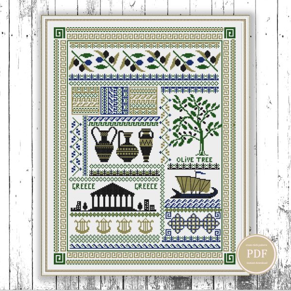 Cross Stitch Pattern Greek Sampler Monochrome Primitive Pattern PDF 66