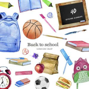 Watercolor Back To School clipart. School supplies illustration