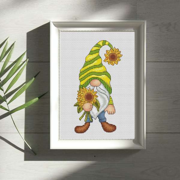 Sunflower gnome cross stitch pattern