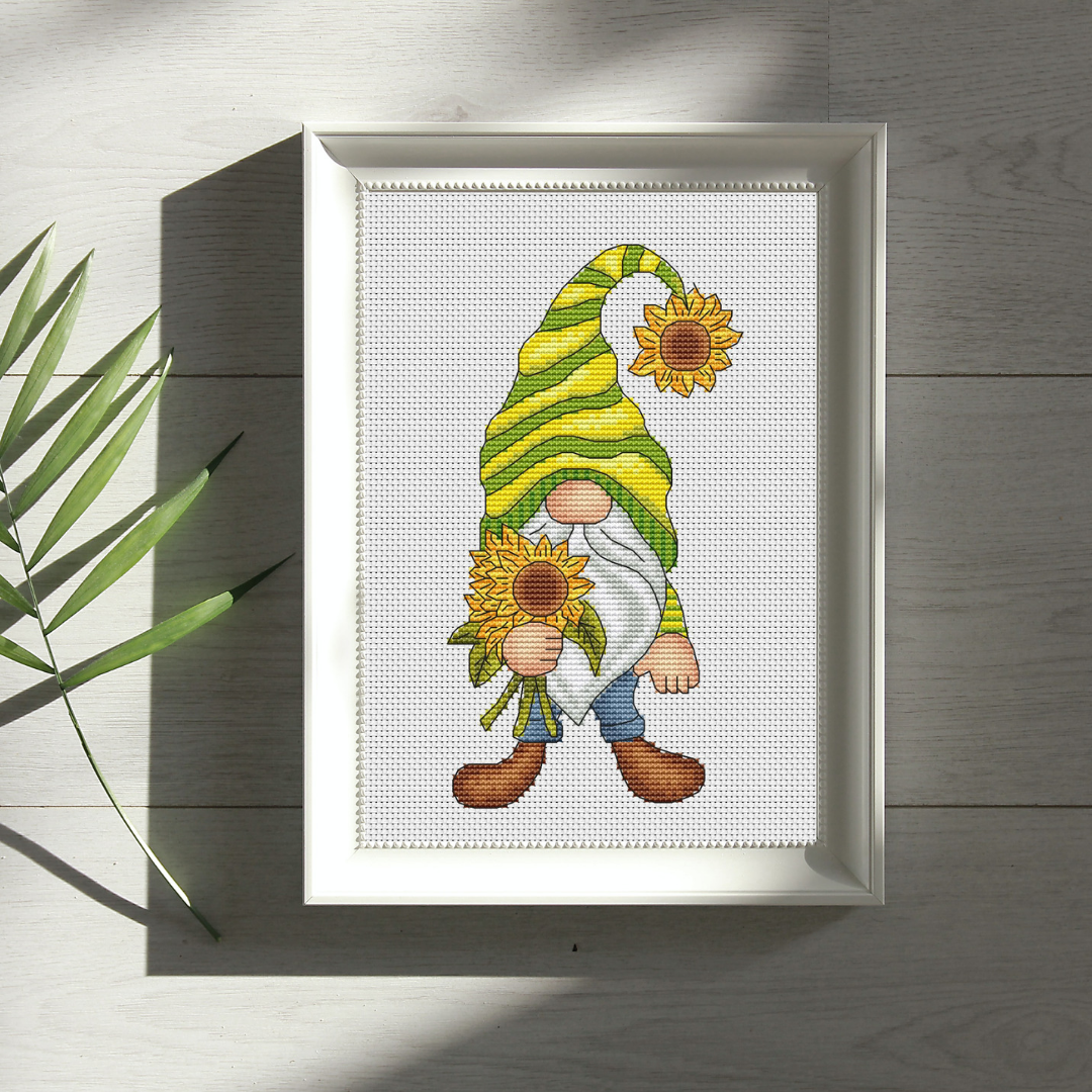 Sunflower gnome cross stitch pattern PDF, summer gnome 1 Sunflower gnome cross stitch pattern