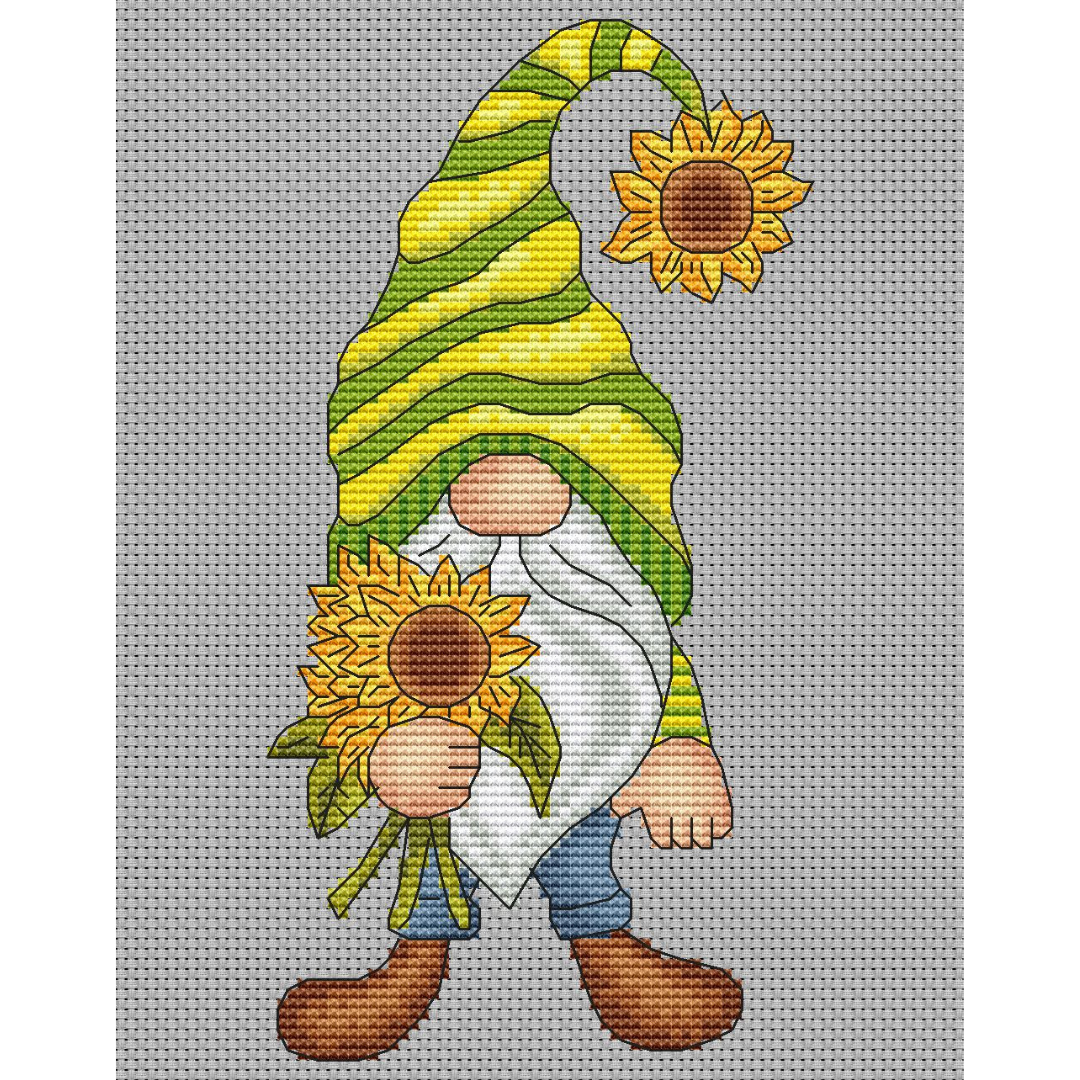 Sunflower gnome cross stitch pattern PDF, summer gnome 4 embroidery gnomes