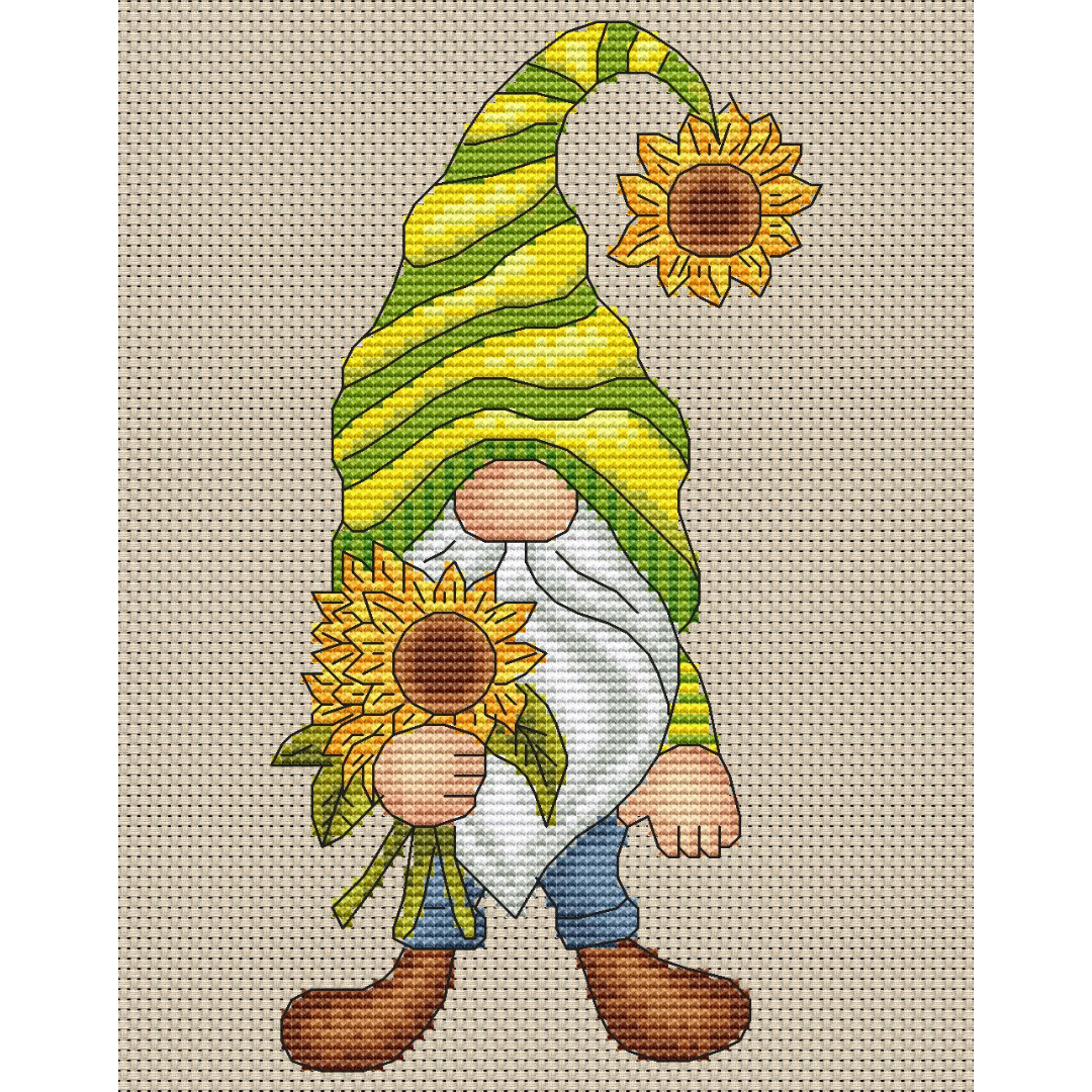Sunflower gnome cross stitch pattern PDF, summer gnome 3 sunflower cross stitch