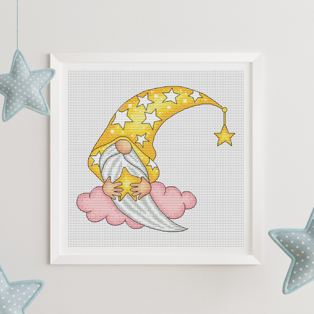 Moon gnome cross stitch pattern PDF, night gnome 1 gnome cross stitch