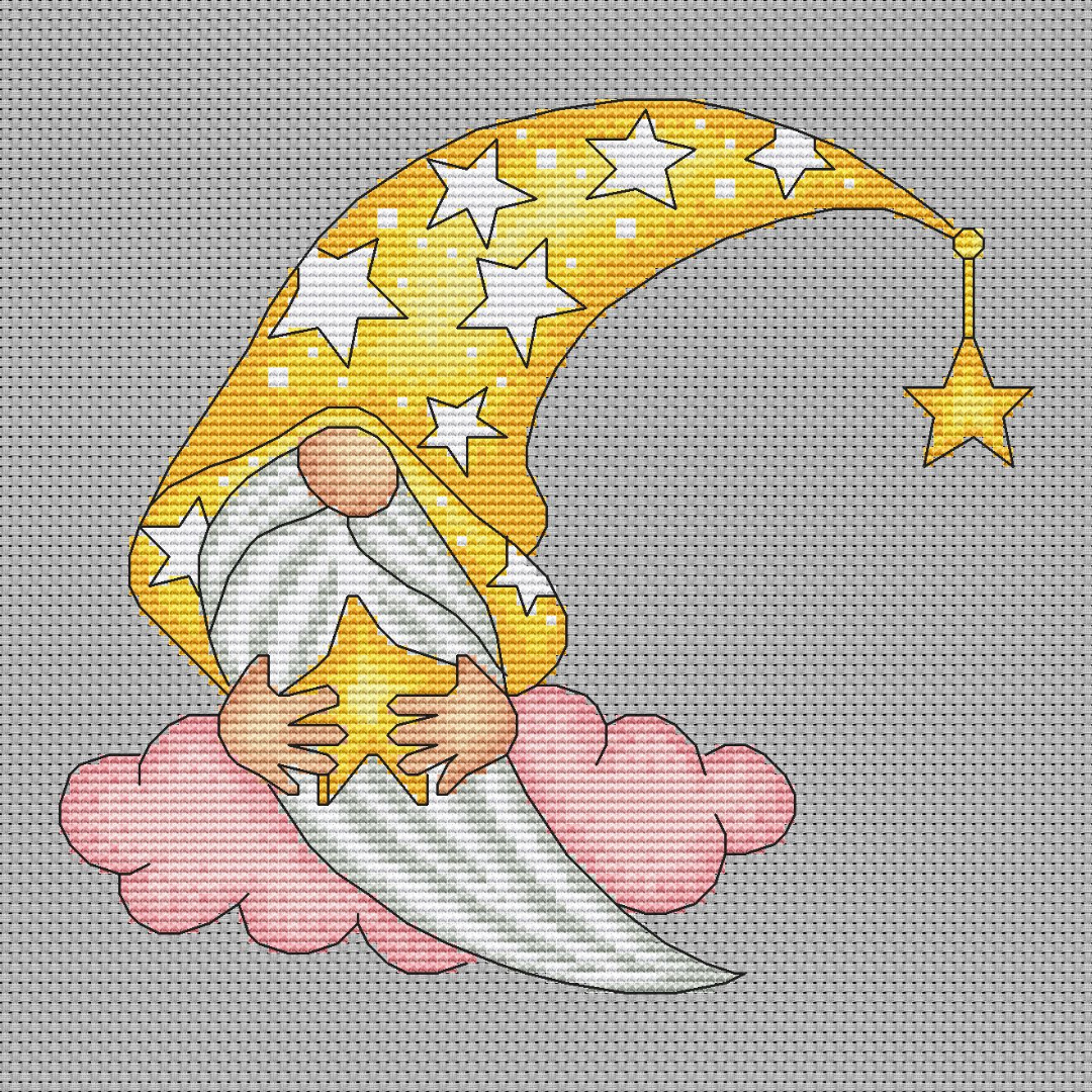 Moon gnome cross stitch pattern PDF, night gnome 3 star gnome