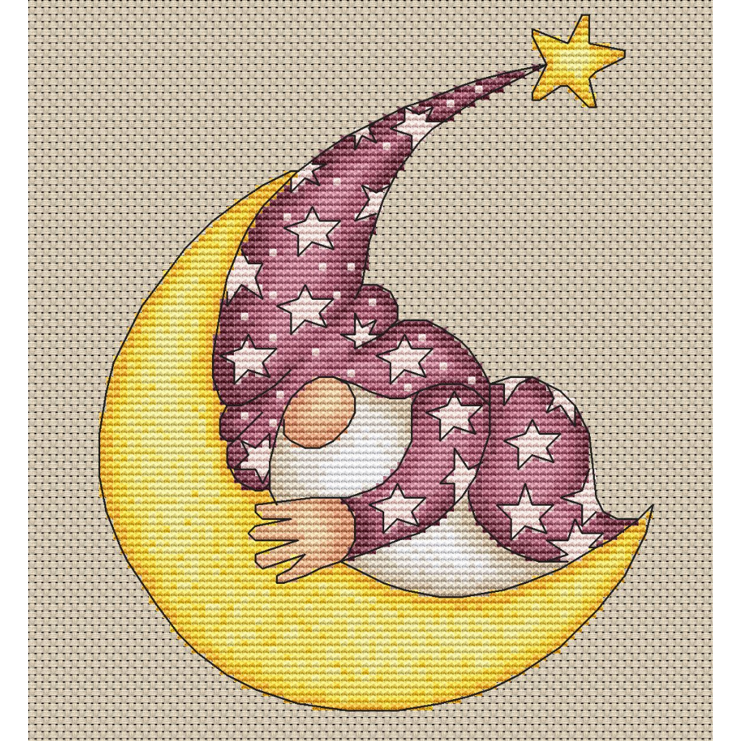 Sleeping gnome cross stitch pattern PDF, cute gnome 4 night gnome