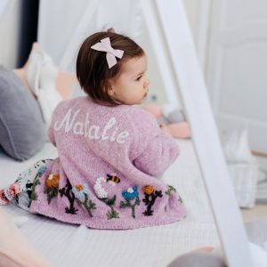 Custom soft cardigan with baby name, flower embroidery as gift