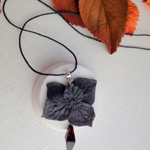 Miracle Pendant necklace, black hydrangea with amber bead and waxed cord