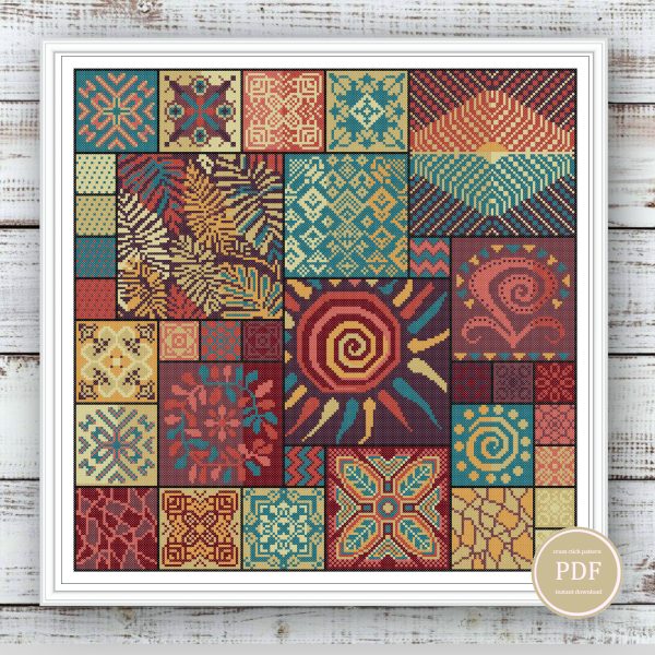 Sampler Cross Stitch Pattern Mosaic Ethnic African Folk Art PDF118