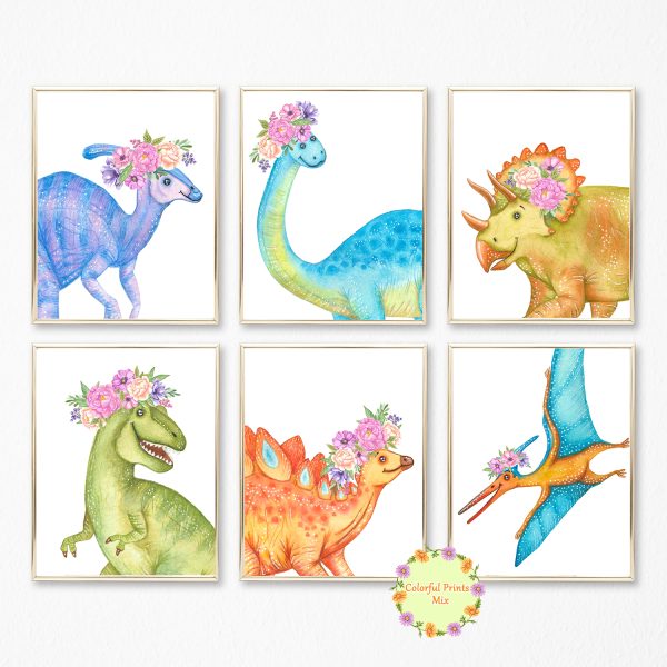 Dinosaur prints Set of 6, Girls Room Decor, Nursery Printable Digital, Instant Download