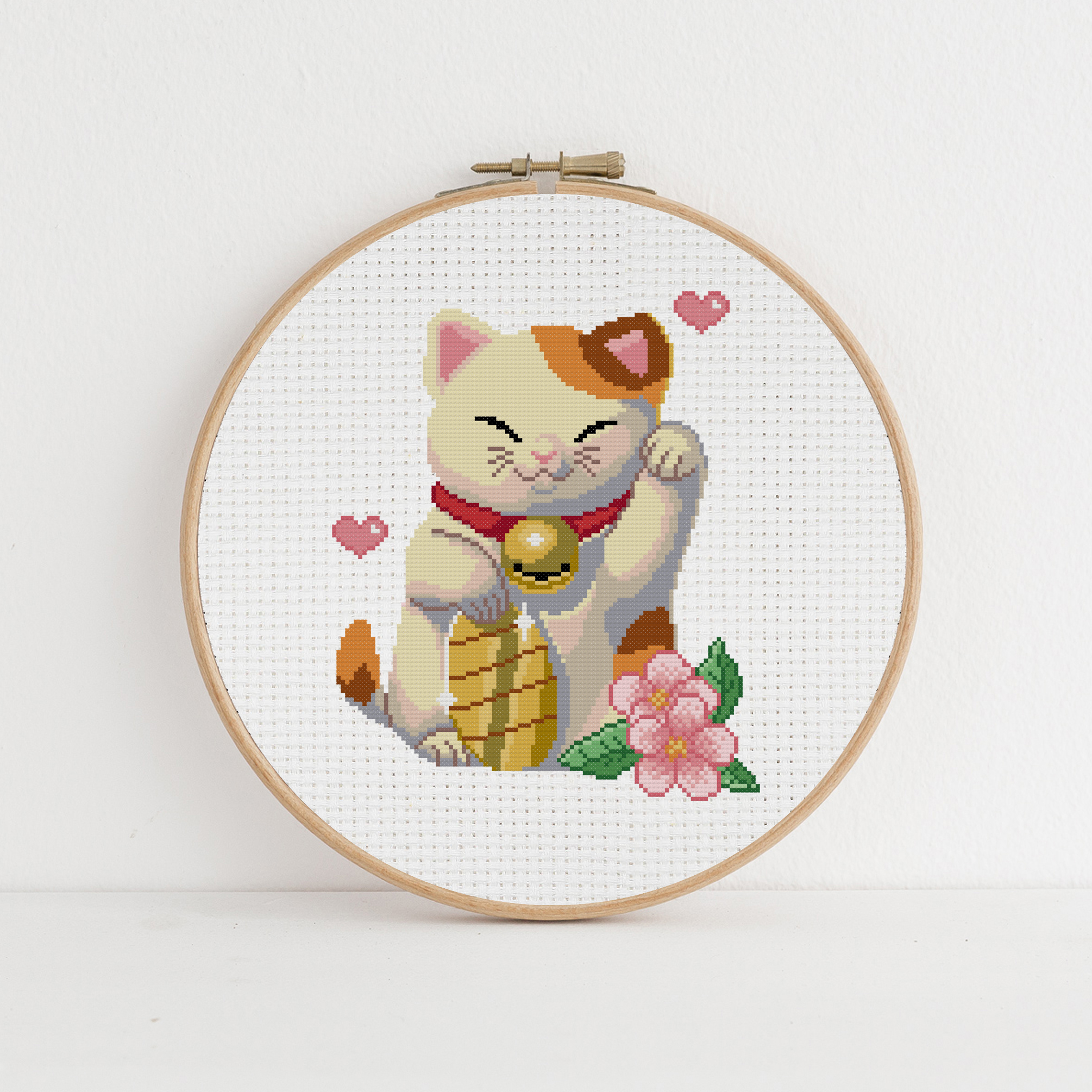 Lucky cat cross stitch pattern. Maneki-neko cross stitch. 9 lucky cat embroidery