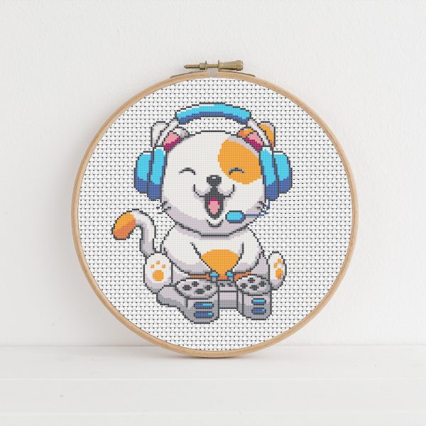 Gamer cat cross stitch pattern PDF