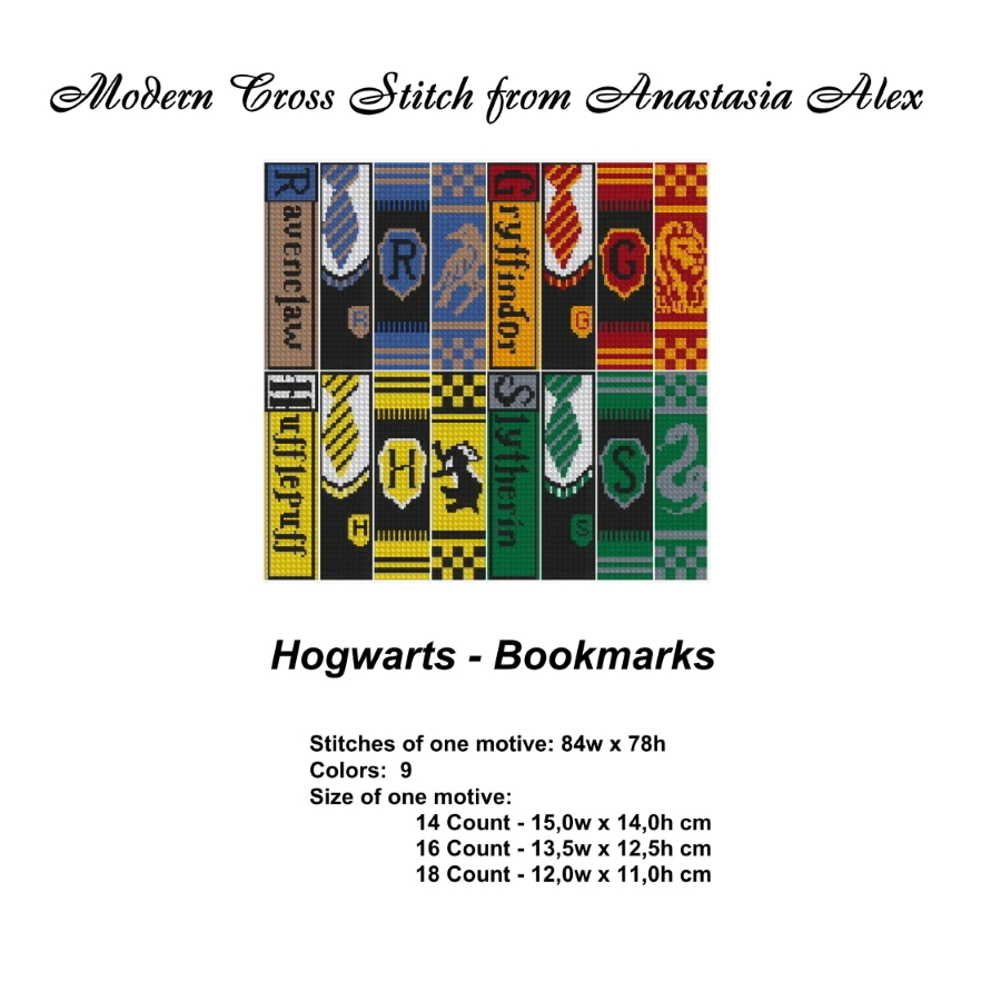 16 Bookmarks Magic Cross Stitch Pattern PDF Hogwarts House 6 Hogwarts-Bookmarks