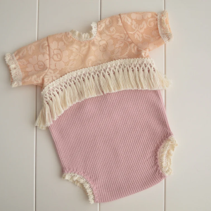 Newborn girl beige and pink lace romper photo prop in boho style