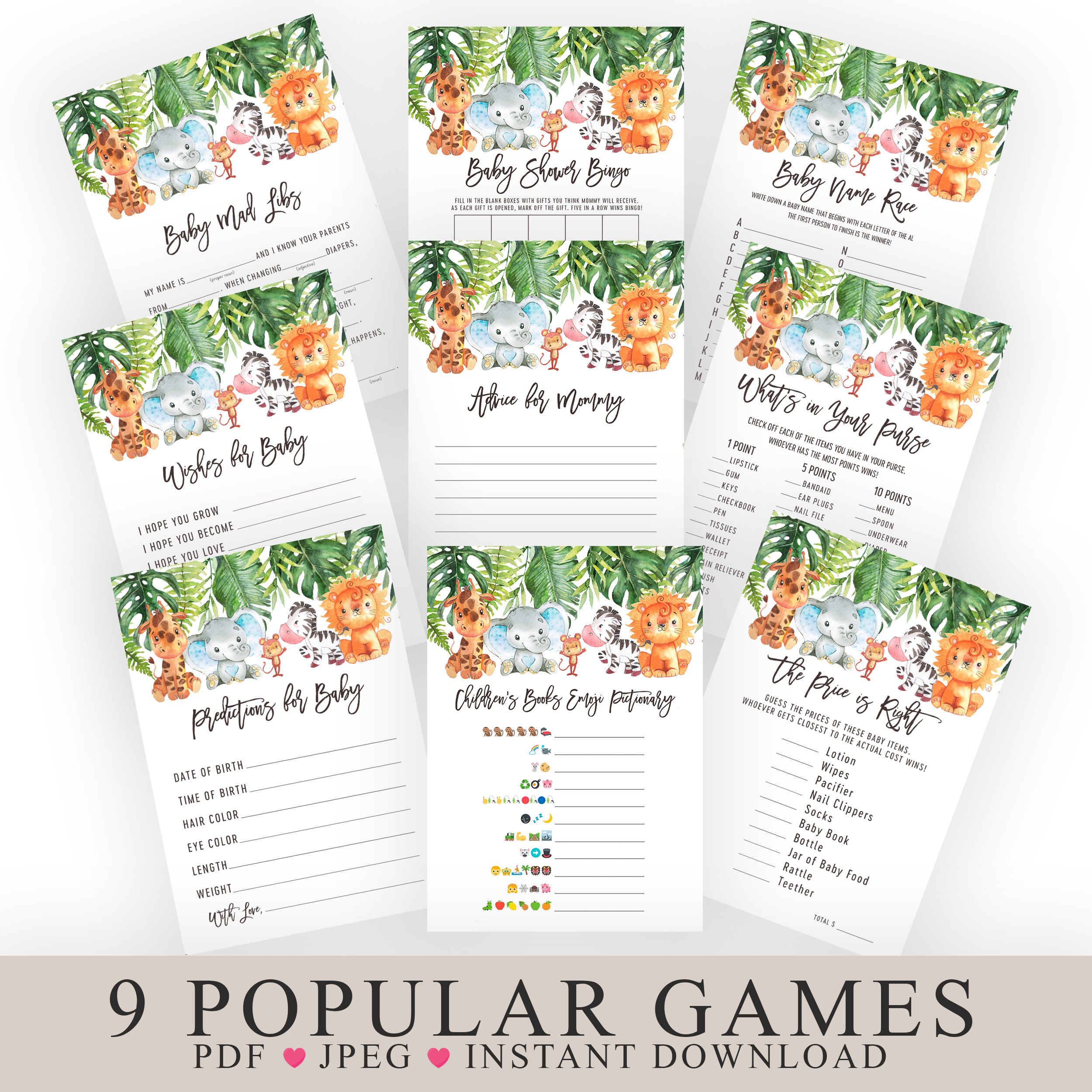 Safari Animals Baby Shower Games, Printable Games, Baby Games Pack