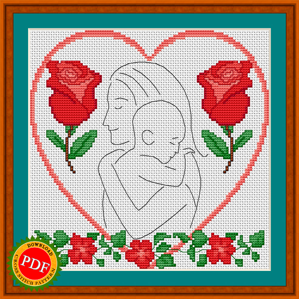 Mother's Day Heart Mom Daughter Child Counted Cross Stitch Pattern Pixel Art