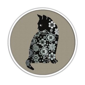 Floral Cat Cross Stitch Pattern. Silhouette Cat Cross Stitch
