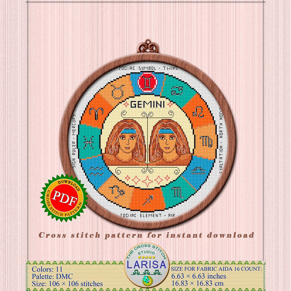 Fantasy Zodiac Gemini Cross Stitch Pattern Full Coverage 