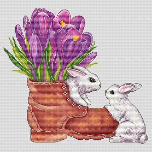 Cute Bunnies Cross Stitch Pattern,Spring Crocuses