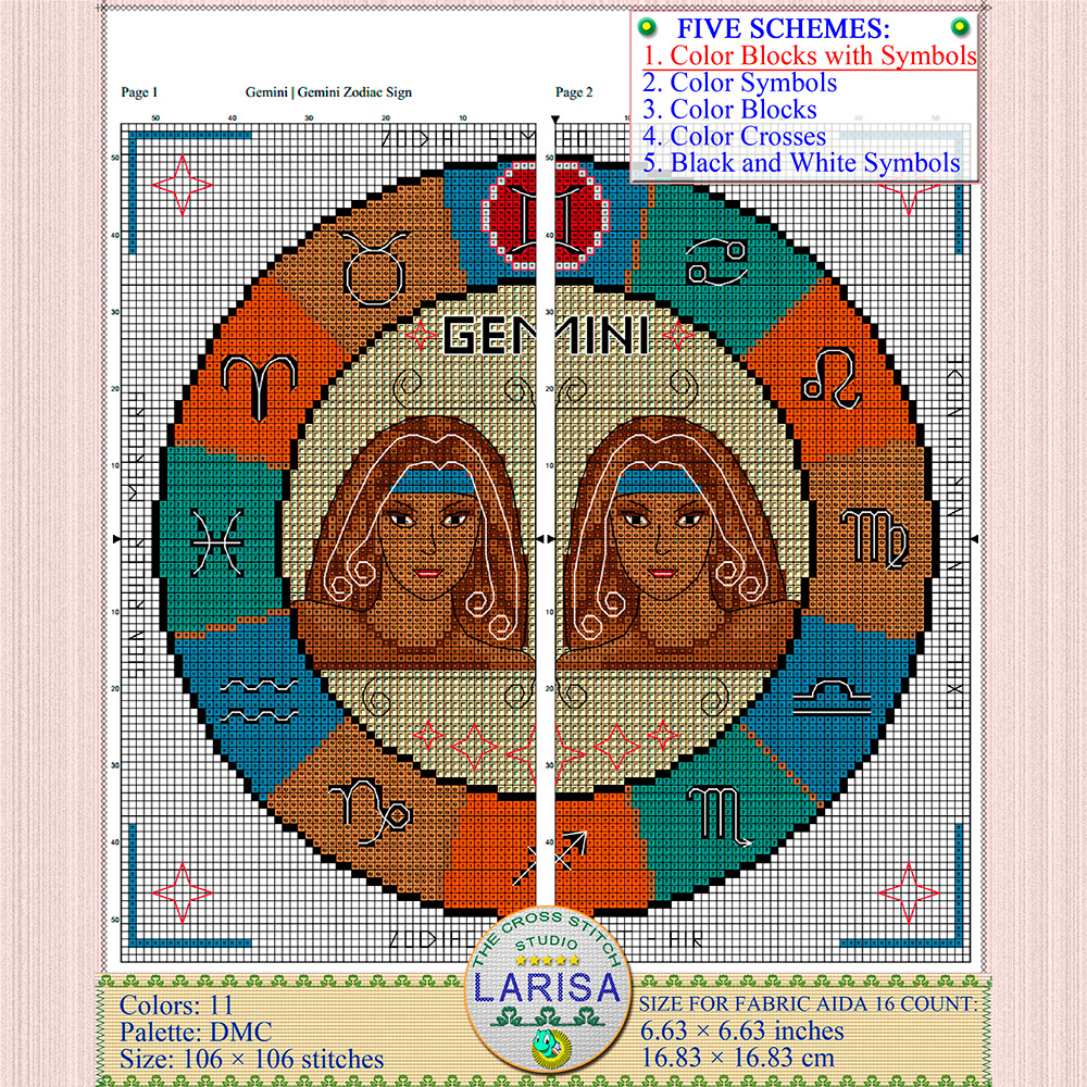 Fantasy Zodiac Gemini Cross Stitch Pattern Full Coverage 