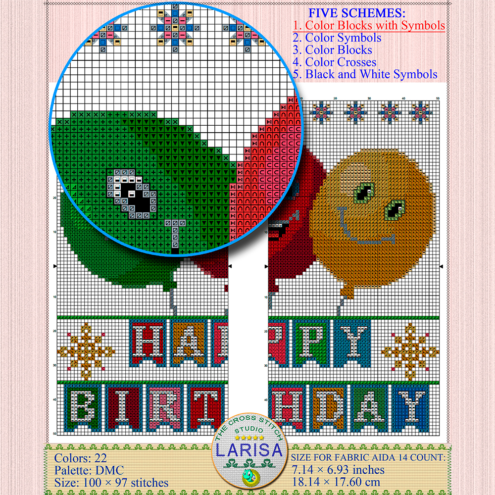 Happy Birthday Cross Stitch Pattern | Funny Birthday Balloons 5 Color Party Balloons