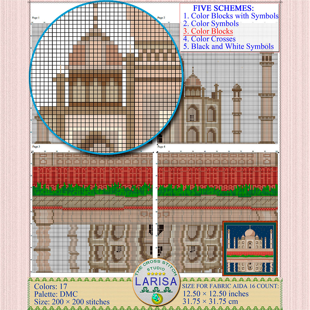 Taj Mahal Cross Stitch Pattern | Crown of the Palaces 8 Minarets