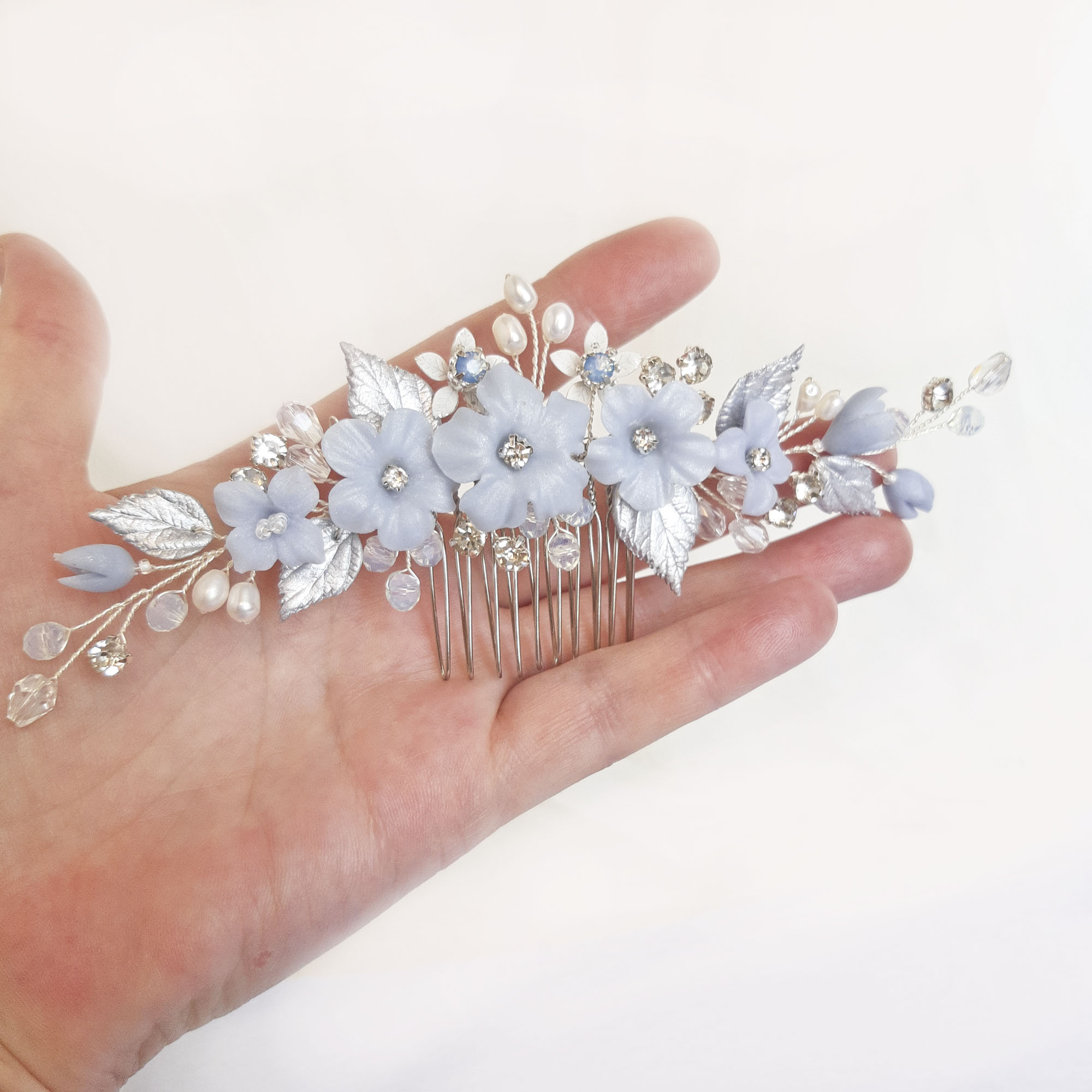 Blue flowers bridal hair comb Dusty blue wedding hair piece