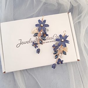 Dark blue floral earrings Navy blue rhinestone dangle earrings