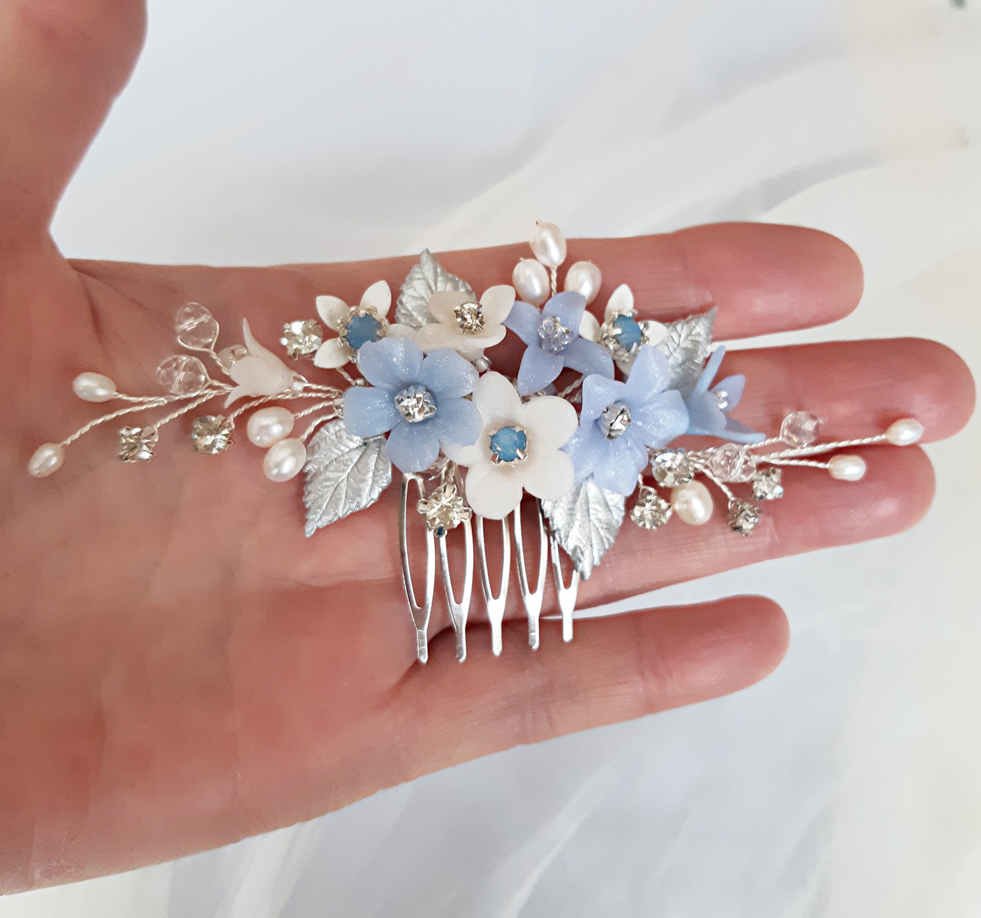 White dusty blue bridal hair comb Blue flower wedding hair piece