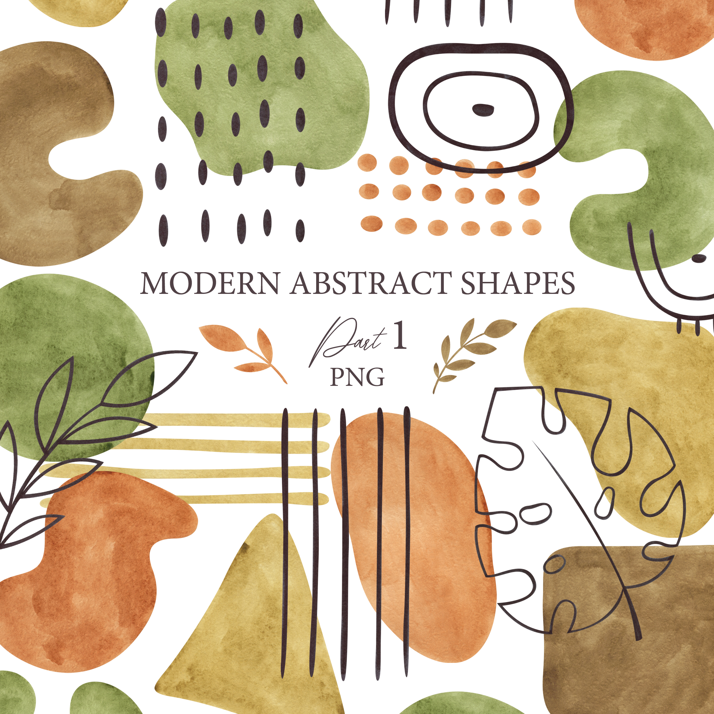 Watercolor modern abstract shapes clipart. Botanical line art 1 Watercolor shapes