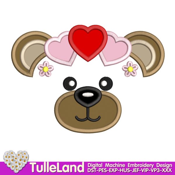 Valentine Bear Face with heart Machine embroidery design