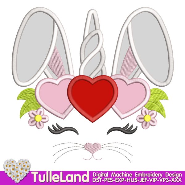 Bunny Unicorn Horn Valentines Day Machine embroidery design